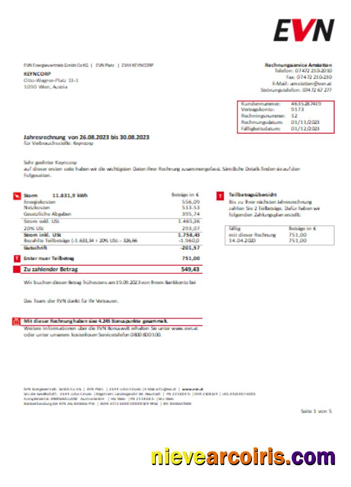 EVN electricity utility business bill, page 1